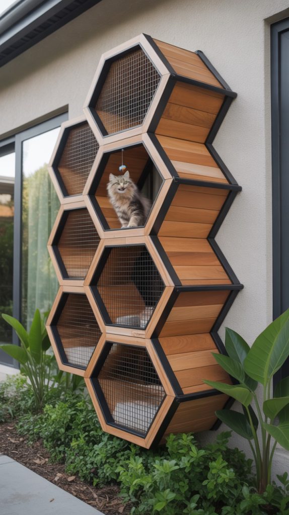 A cat sitting in a hexagonal wooden cat shelf attached to the side of a house, surrounded by lush greenery.