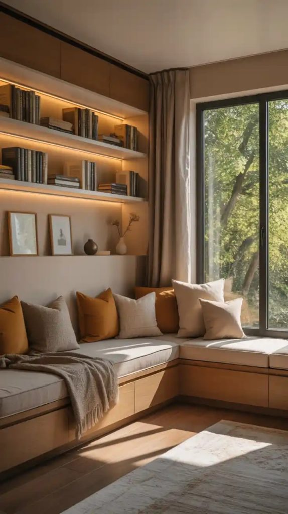 A modern home office with a desk holding a computer and printer, near a large window with green curtains. The space includes white drawers, a bed with floral bedding, and shelves with plants, lit by natural light.