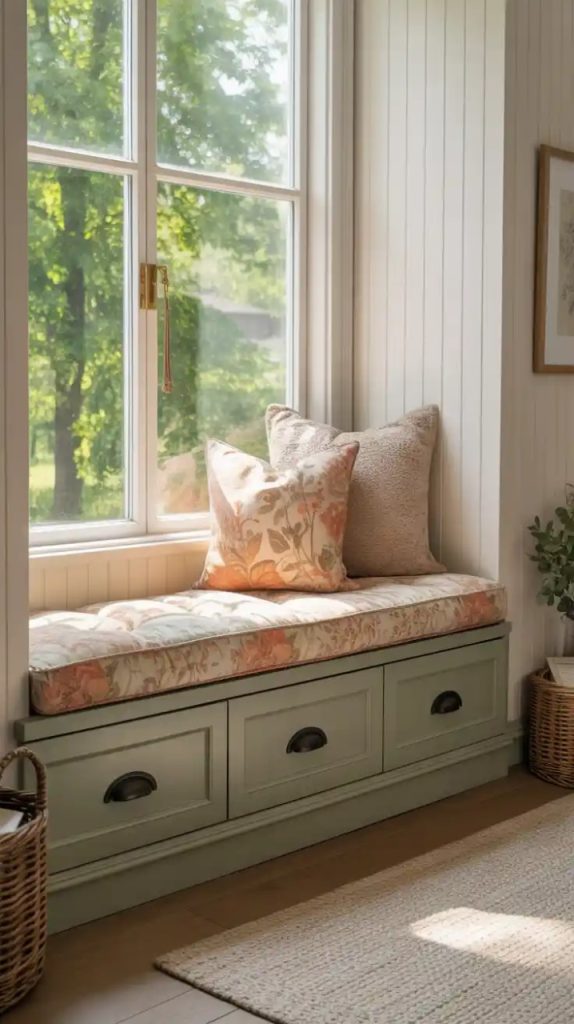 A stylish corner window nook with a cushioned bench, adorned with orange and beige pillows, placed under a large window with sheer curtains. The nook is flanked by built-in shelves with books and decor, featuring warm lighting and a view of green trees.