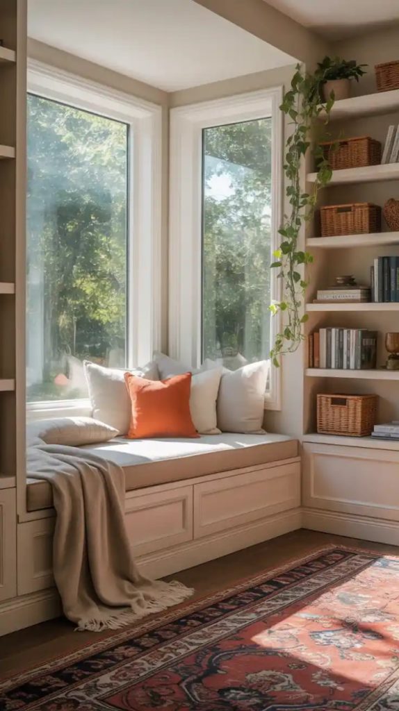 A peaceful window seat with a cushioned top, adorned with neutral pillows, under a large window with sheer curtains. Built-in shelves with books and a warm lamp create a serene vibe with a green outdoor scene.
