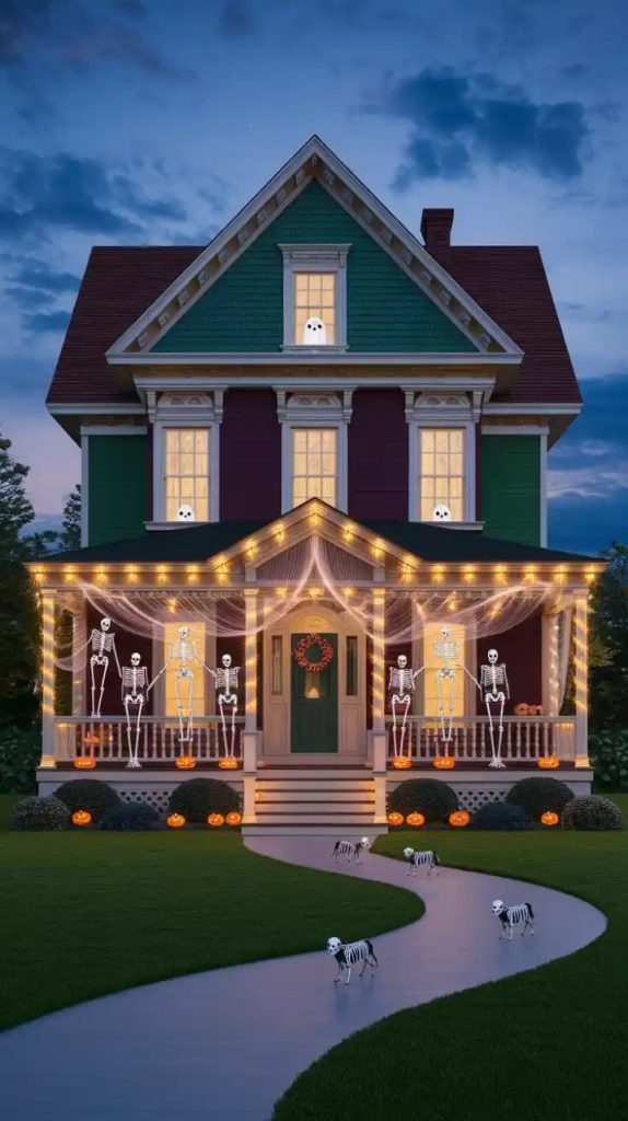 A Halloween pathway arch decorated with carved pumpkins and purple lights, leading to a door with a "Welcome Ghouls" sign, shrouded in a light fog for a festive feel.