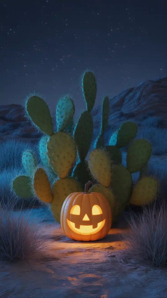 A haunting Halloween window display with a skeleton illuminated by purple light, bordered by orange string lights on a brick wall, adding a spooky touch with shadowy figures.