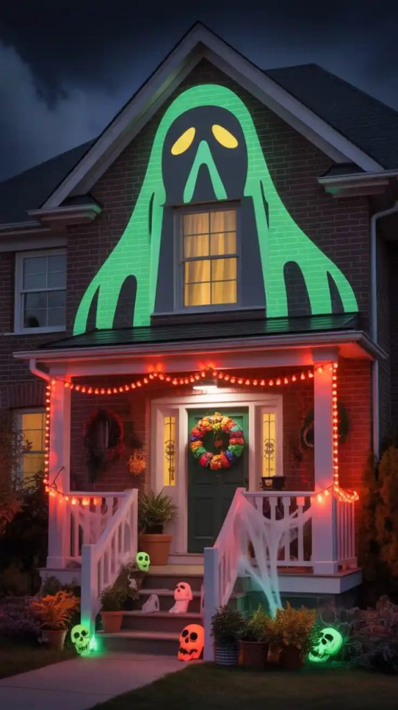 Three costumed performers in elaborate green and purple outfits with feathered headdresses stand in front of a spooky house, illuminated by colorful lights, creating a mystical Halloween spectacle.