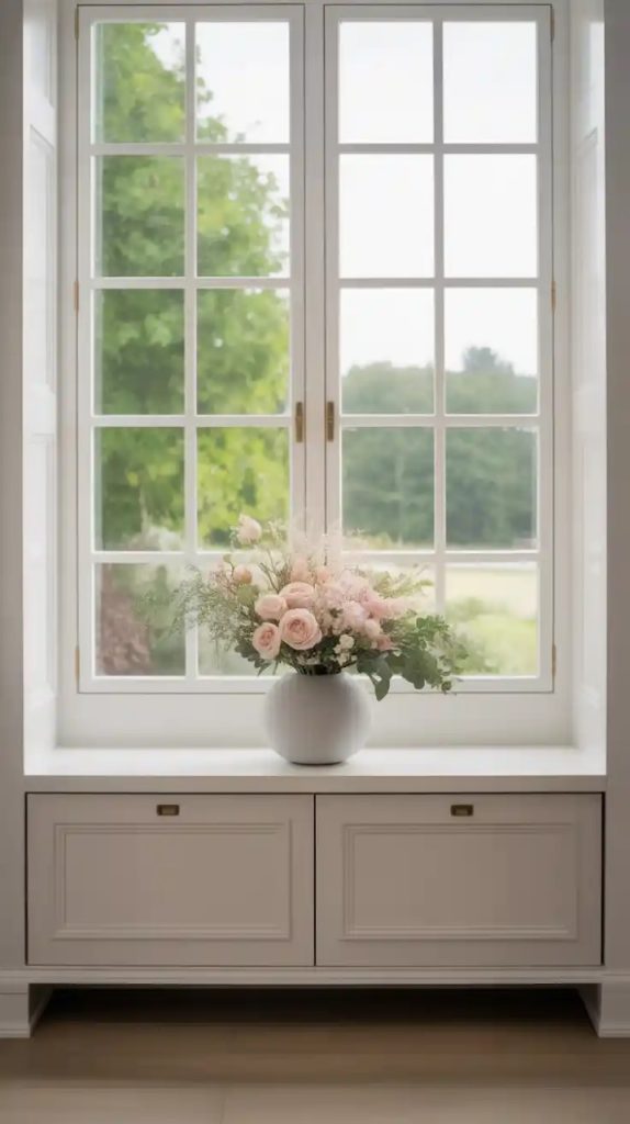 An elegant window seat with a cushioned top, decorated with neutral-toned pillows in beige and white, positioned under a large window with sheer curtains. The bench includes white drawers with brass handles, set against a backdrop of a window overlooking a blurred outdoor scene.