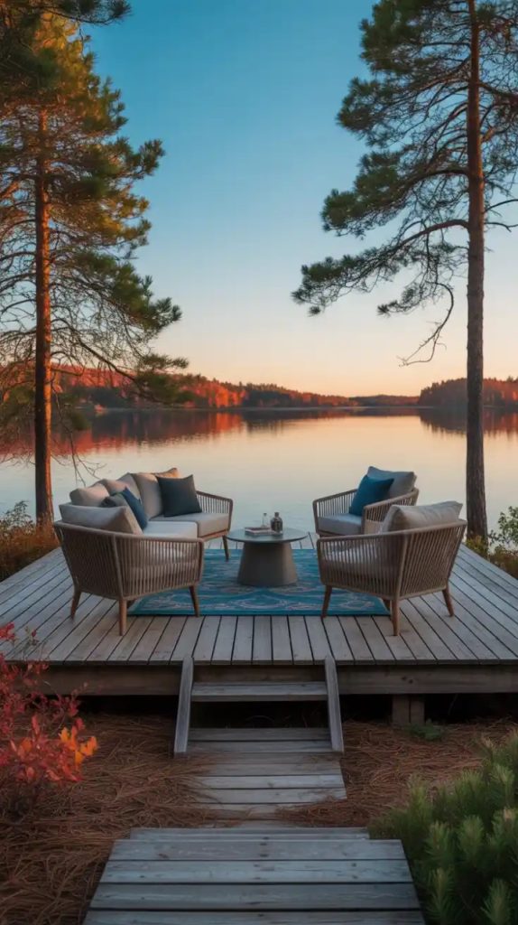 Cabin deck with hanging daybed, linen cushions, and fairy light canopy