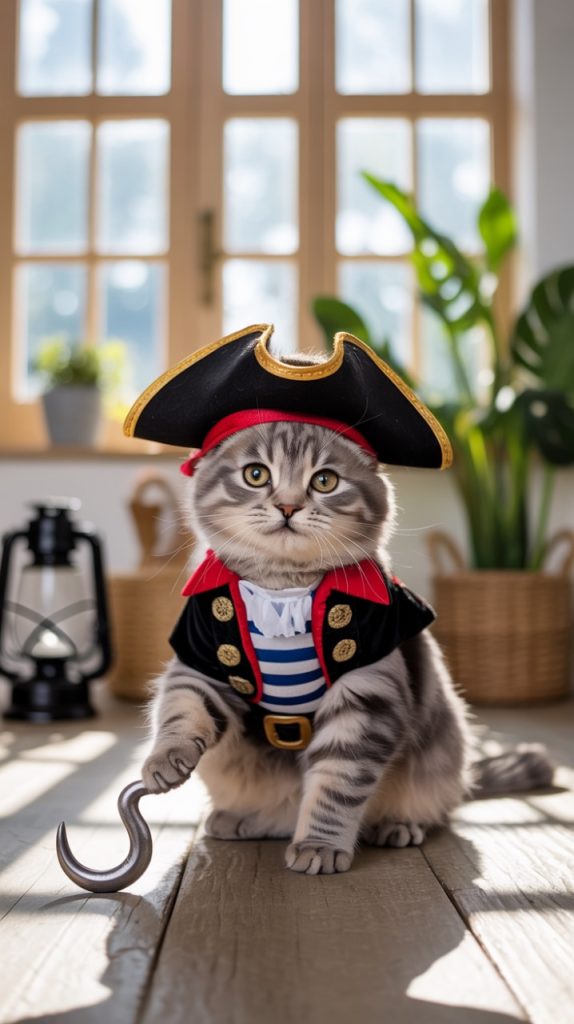 Gray tabby cat dressed as a pirate, wearing a black and red coat with gold buttons, a tricorn hat, and holding a hook, sitting on a wooden floor.