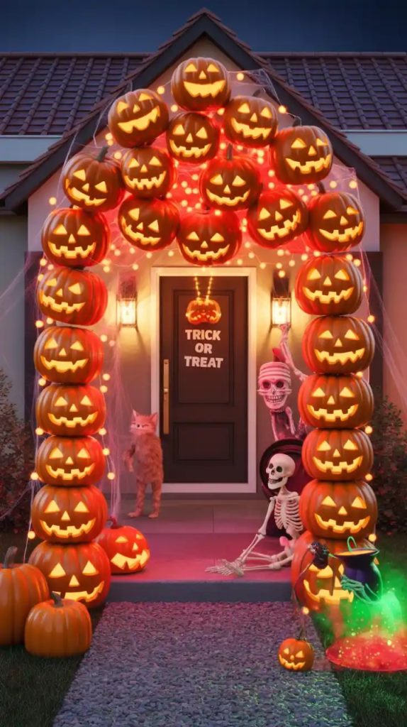 A cozy front door adorned with a wreath and flanked by stacks of carved pumpkins, complemented by autumn leaves and a playful ghost figure, creating a vibrant Halloween scene.
