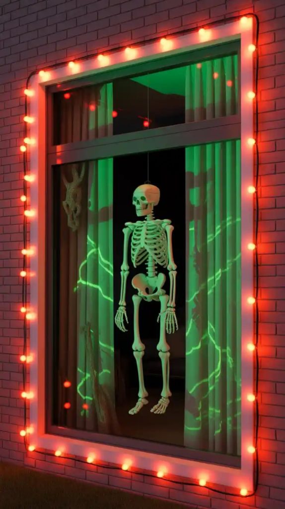 A festive Halloween entrance with an archway decorated with carved pumpkins and red lights, leading to a door with a "Trick or Treat" sign. A skeleton, cat, and cauldron with green mist add to the seasonal charm.
