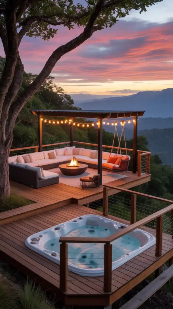 Minimalist cabin deck with wooden bench, bamboo chimes, and forest serenity