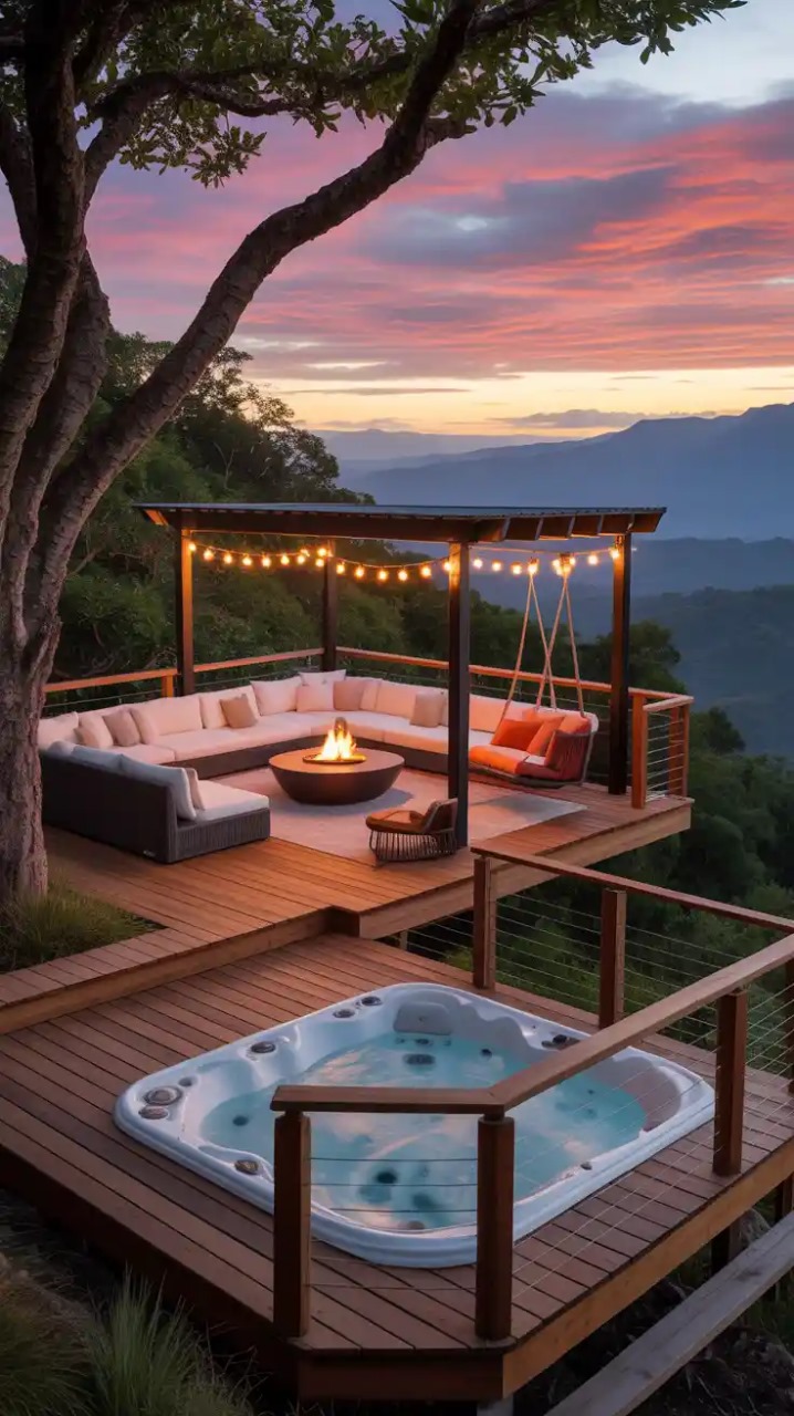 Rustic wraparound cabin deck with wooden rails, forest view