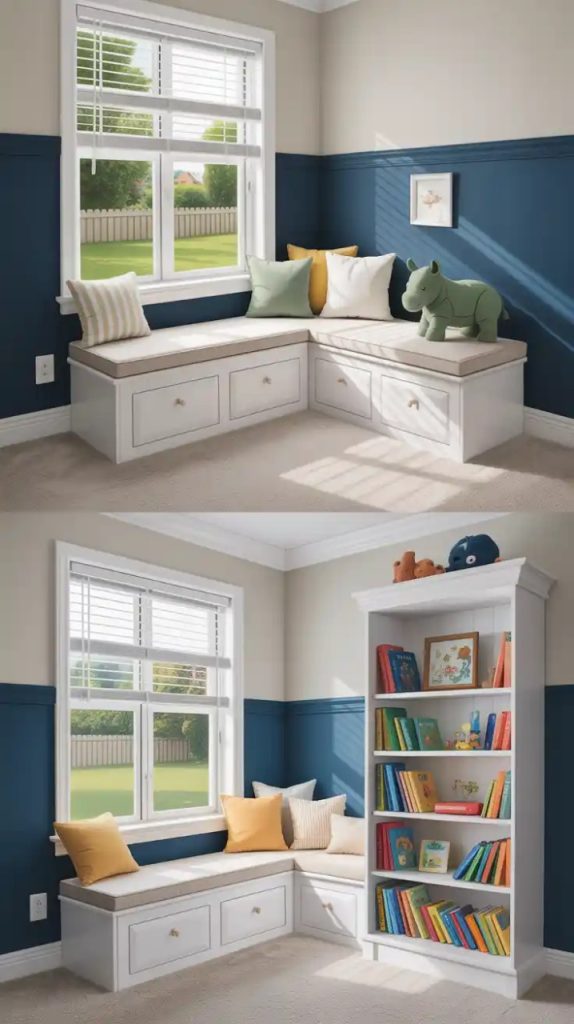 A charming green window seat with a cushioned top, featuring floral and solid pillows in soft tones, under a large window with a sheer roman shade. Green cabinets with brass handles frame a greenery view.