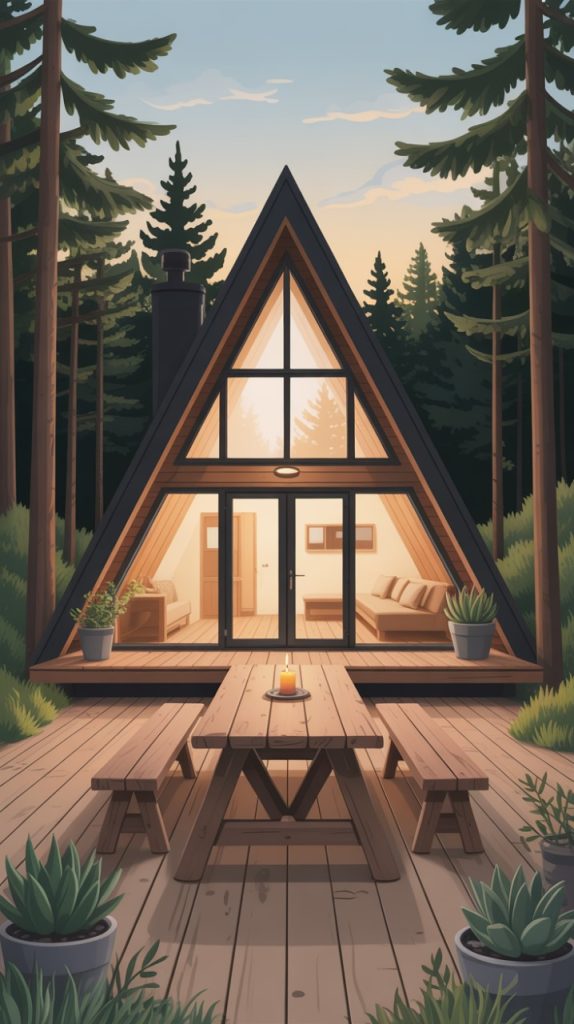 Cozy tiny cabin deck with Adirondack chairs, potted plant