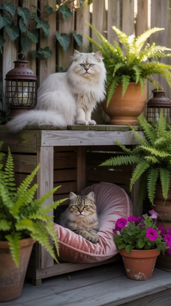 Two cats relaxing in a peaceful outdoor environment, surrounded by potted plants and greenery, with one cat sitting on a wooden bench and the other lounging in a pink cat bed underneath.