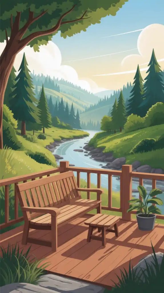 Cabin deck with wraparound bench around a tree, shaded by native foliage