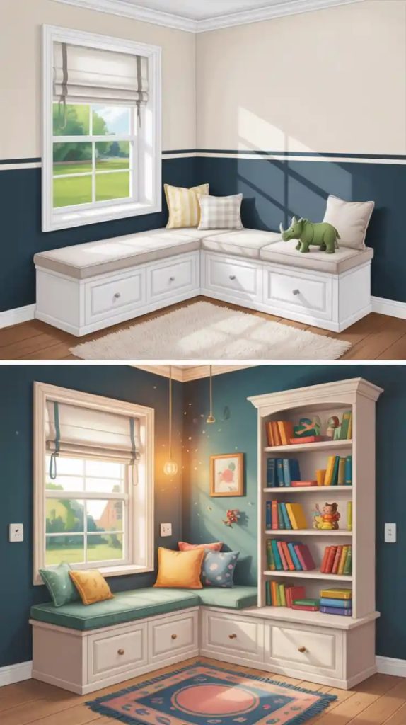 A modern corner bench with a cushioned seat, decorated with orange and beige pillows, under a large window with sheer curtains. Built-in shelves with books and decor provide storage, with a green tree backdrop.