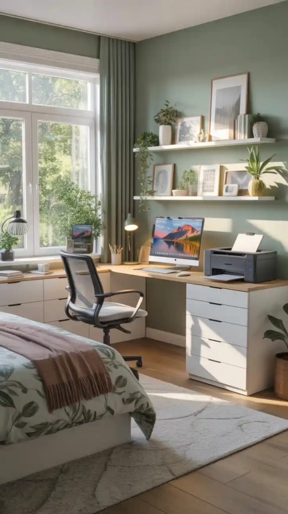 A rustic window bench with a wooden surface, featuring a paint can, hammer, ruler, and metal tool, placed under a large window with a view of a green lawn. The bench includes white drawers with black handles and soft beige pillows.