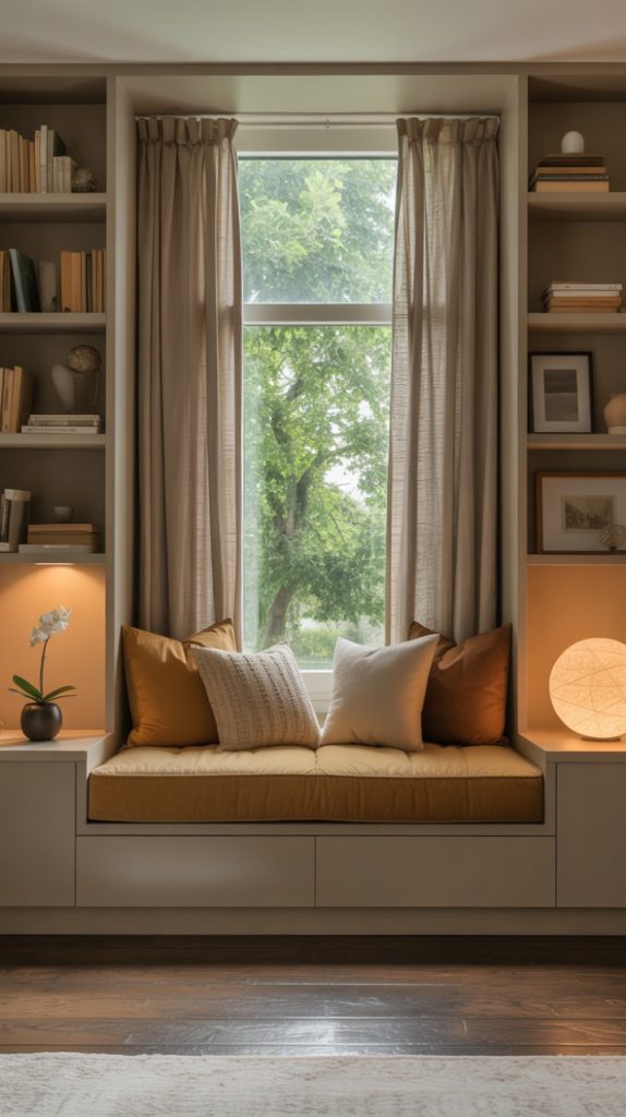An elegant window seat with a cushioned top, decorated with beige and white pillows, positioned under a large window with sheer curtains. The bench has white drawers with brass handles and a blurred outdoor view.Image 3: