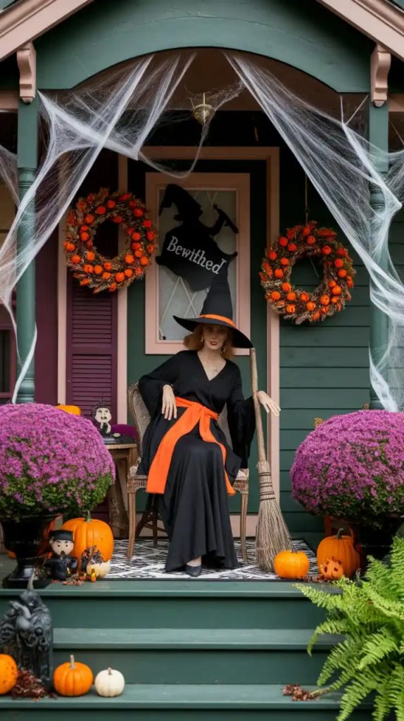 A house decorated for Halloween with a large green ghost projection on the facade, red string lights along the porch, and glowing skulls and wreaths adding to the eerie night ambiance.