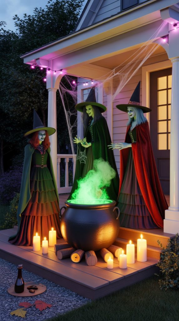 A Halloween-decorated home featuring a blue ghost projection on the upper wall, purple lights outlining the porch, and glowing pumpkins lining the steps for a spooky ambiance.