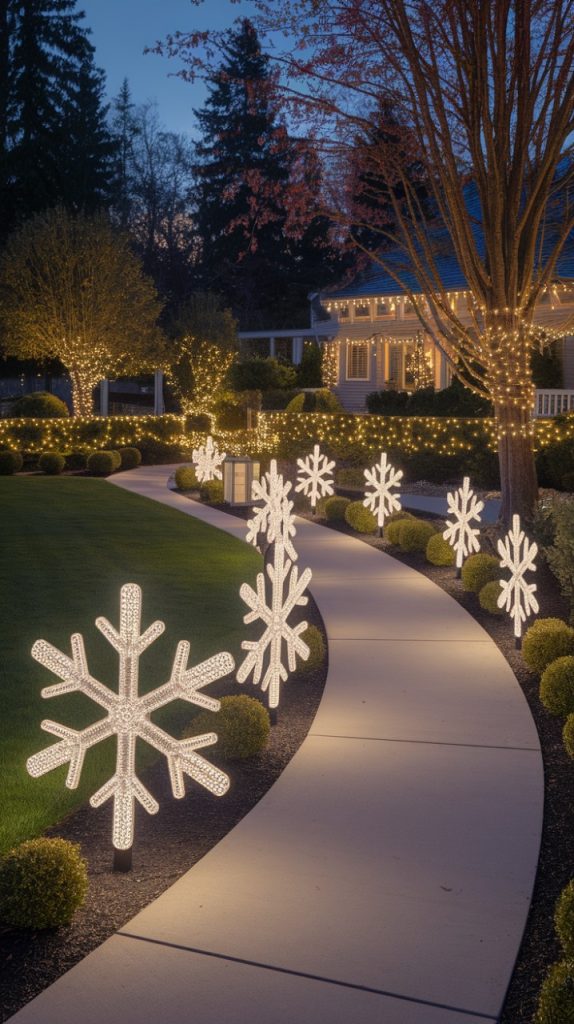 A winding concrete pathway is illuminated by large snowflake-shaped lights, leading to a house decorated with festive lights in a well-manicured garden at dusk.