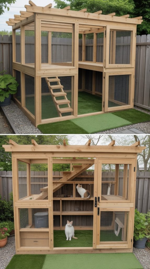 A large, wooden cat enclosure with mesh walls and a green carpeted floor, featuring multiple levels and a staircase. Two cats are visible inside the enclosure, which is situated in a backyard surrounded by a wooden fence and potted plants