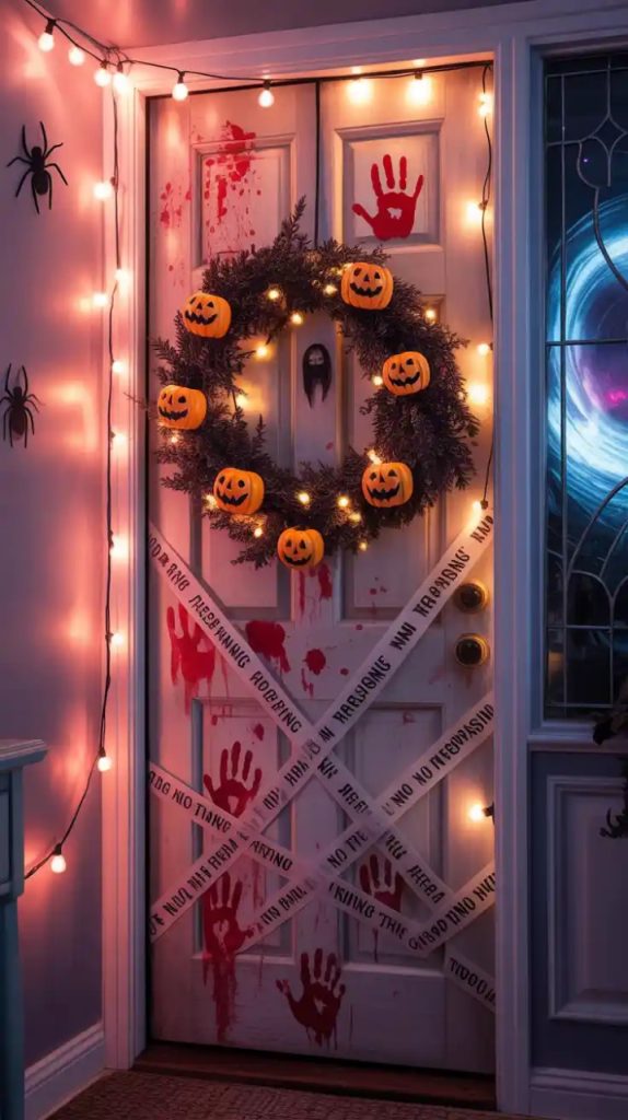 A chilling Halloween window scene with a glowing ghost figure behind sheer curtains, framed by orange string lights on a brick wall, casting an eerie glow in the night.