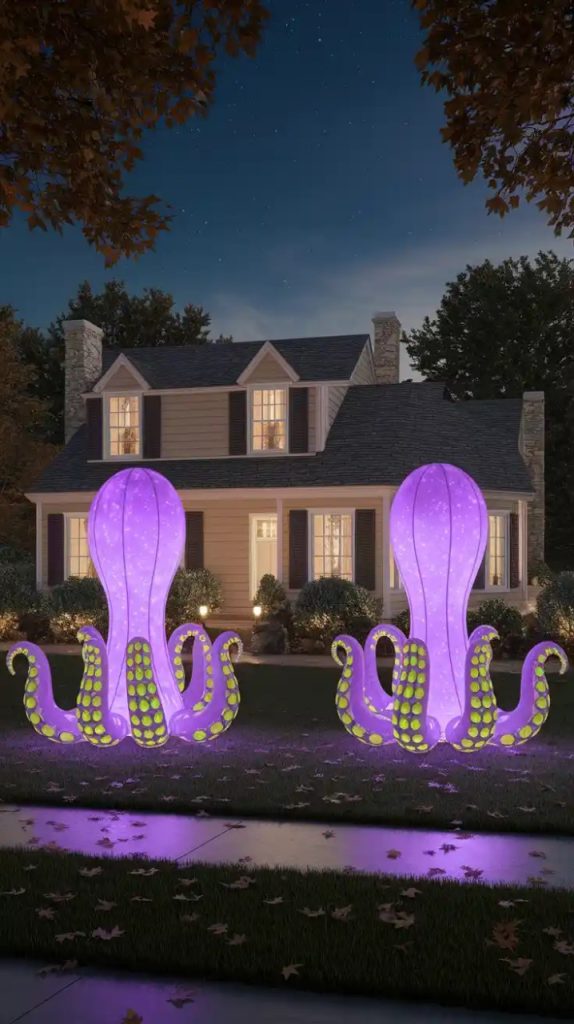 A house decked out for Halloween with a blue phantom projection on the facade, purple lights along the porch railing, and glowing skulls on the steps for a thrilling night effect.