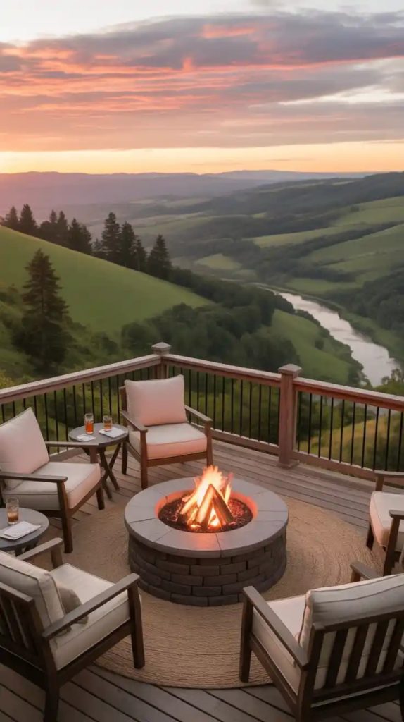 Serene lakeview cabin deck with Adirondack chairs and misty water