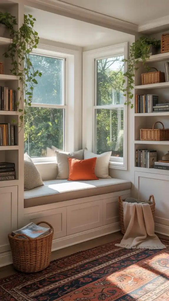 A serene window bench with a cushioned seat, decorated with orange and beige pillows and a knitted throw, under a large window with sheer curtains. Built-in shelves with books and warm lighting enhance the tree-filled view.