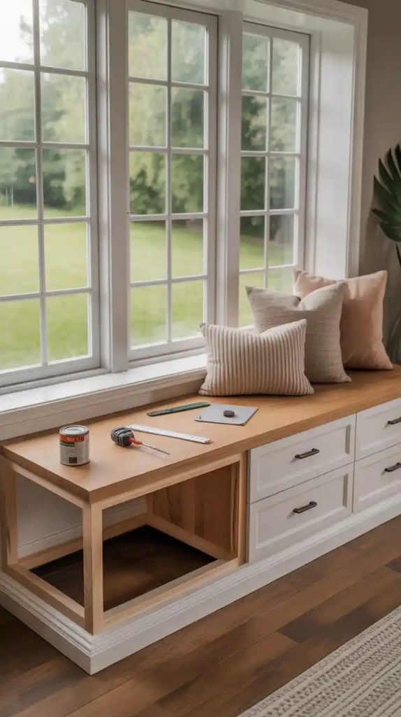 A serene window bench with a cushioned seat, decorated with orange and beige pillows and a knitted throw, set under a large window with sheer curtains. The bench is surrounded by built-in shelves with books and a warm glow from integrated lighting, overlooking a tree-filled view.