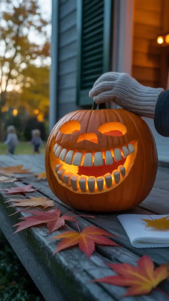 A carved pumpkin with an exaggerated toothy grin and large eyes, held by gloved hands, placed on a wooden bench with colorful autumn leaves scattered around.