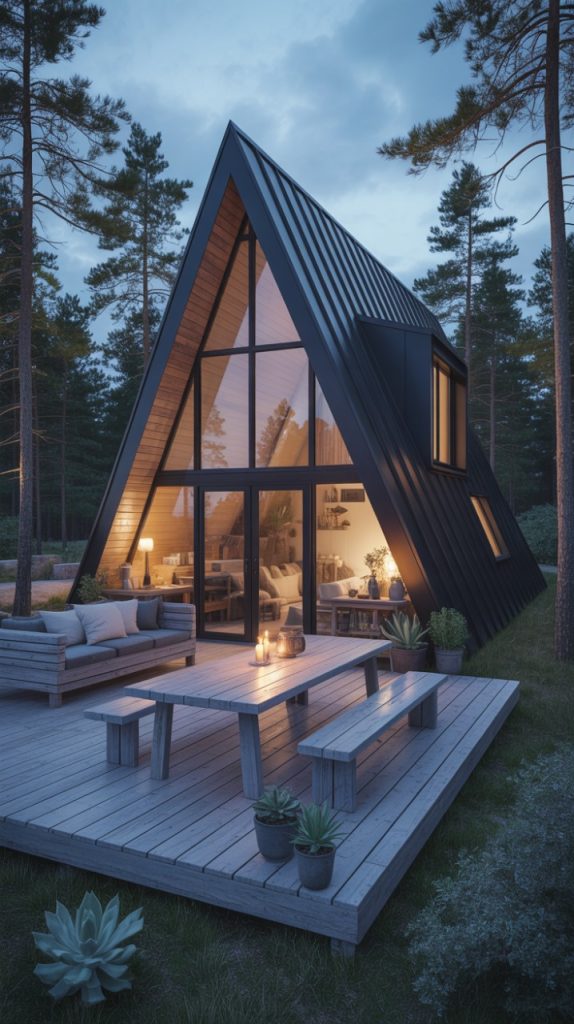 Luxurious cabin deck with hot tub, string lights, and wooden screen
