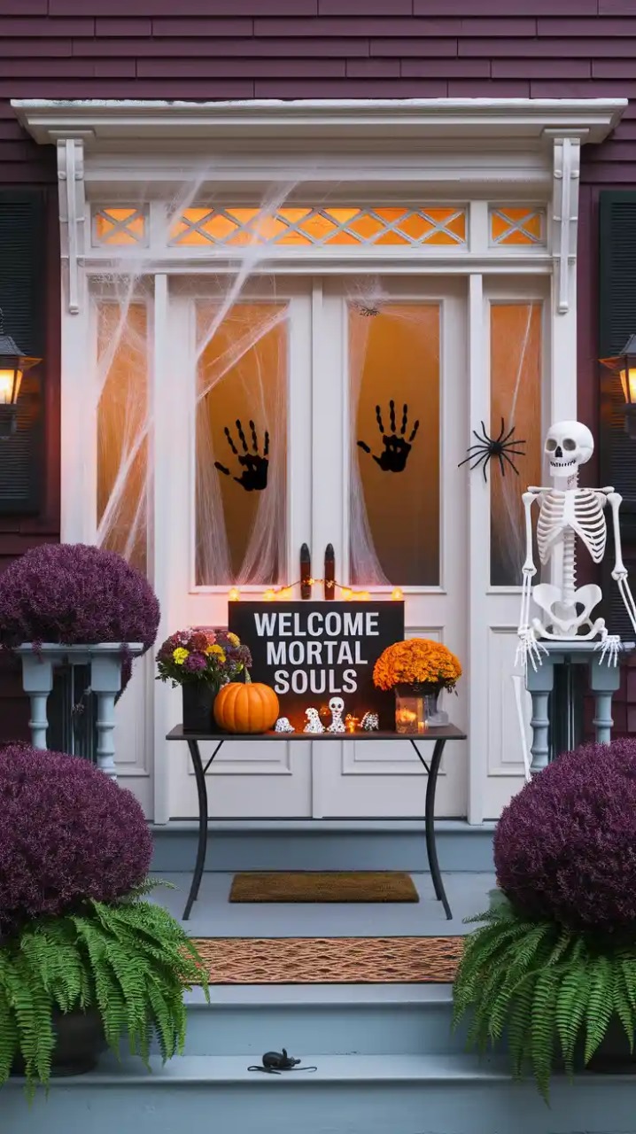 A Halloween decoration featuring a glowing skeleton figure hanging in a window, framed with red string lights against a brick wall. Green curtains and eerie green lighting enhance the spooky atmosphere.