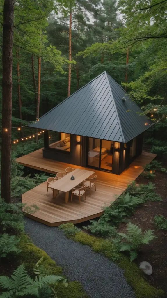 Screened-in cabin deck with sheer curtains, soft lighting, and cozy seating