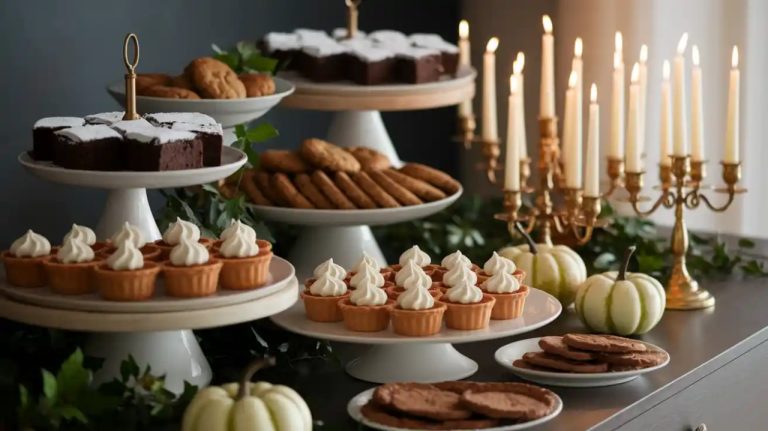 A beautifully arranged fall dessert table featuring brownies with powdered sugar, cupcakes with whipped cream, and cookies, adorned with pumpkins and greenery, illuminated by elegant candles in a candelabra.