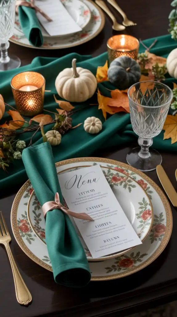A stunning fall centerpiece featuring a silver candelabra with lit candles, surrounded by pumpkins, moss, flowers, and autumn leaves on a green velvet tablecloth.
