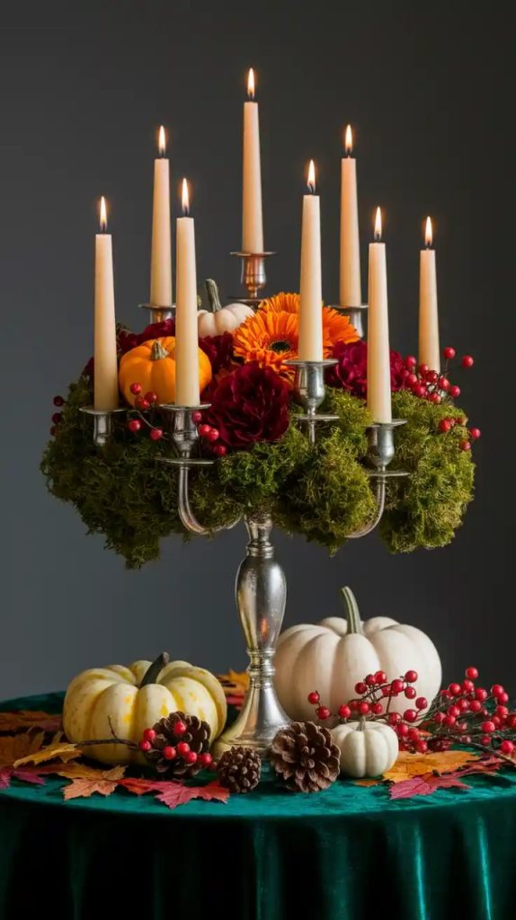 A luxurious Halloween table setting with a golden alligator-shaped vase filled with red flowers and berries, complemented by purple napkins, gold cutlery, and tarot cards on a dark tablecloth.