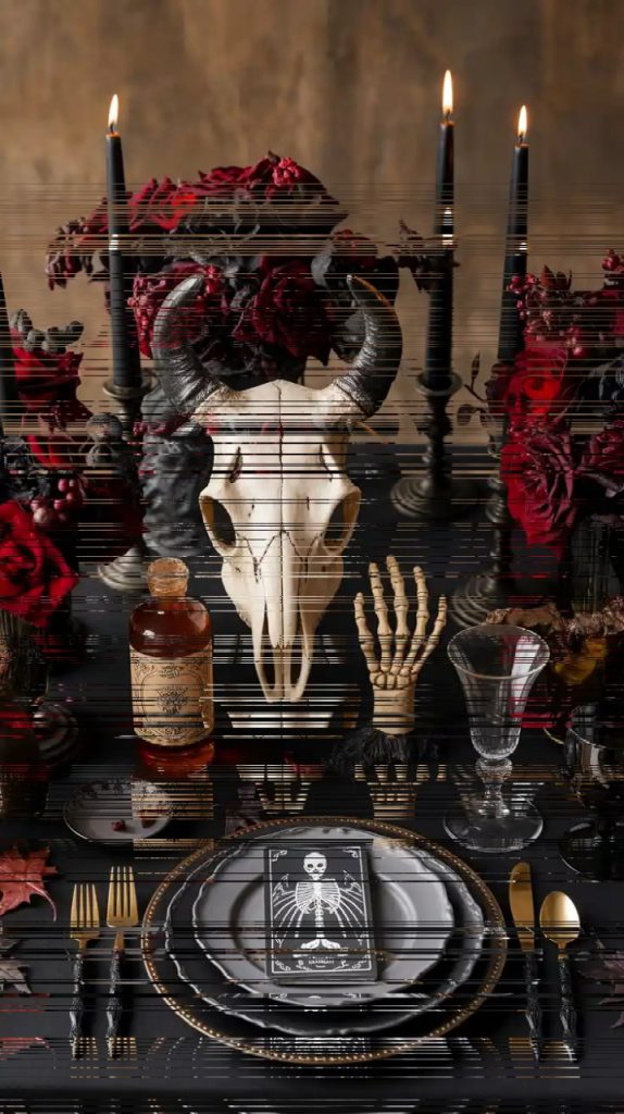 A spooky Halloween display featuring red roses and a skull under a glass dome, flanked by black candles and vintage glassware on a dark, web-patterned tablecloth.
