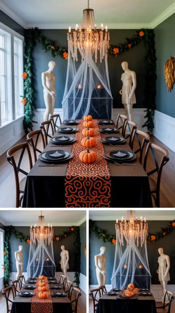 An elegant Halloween dining room with a long table decorated with orange pumpkins, black and orange table runners, bat cutouts, and mannequins draped in sheer fabric under a chandelier.