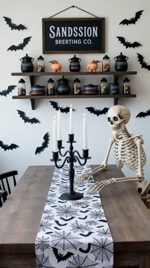 An elegant Halloween party table featuring ghostly white candles, intricate spider webs, black lace runners, and silver cutlery paired with pumpkin-themed place cards.