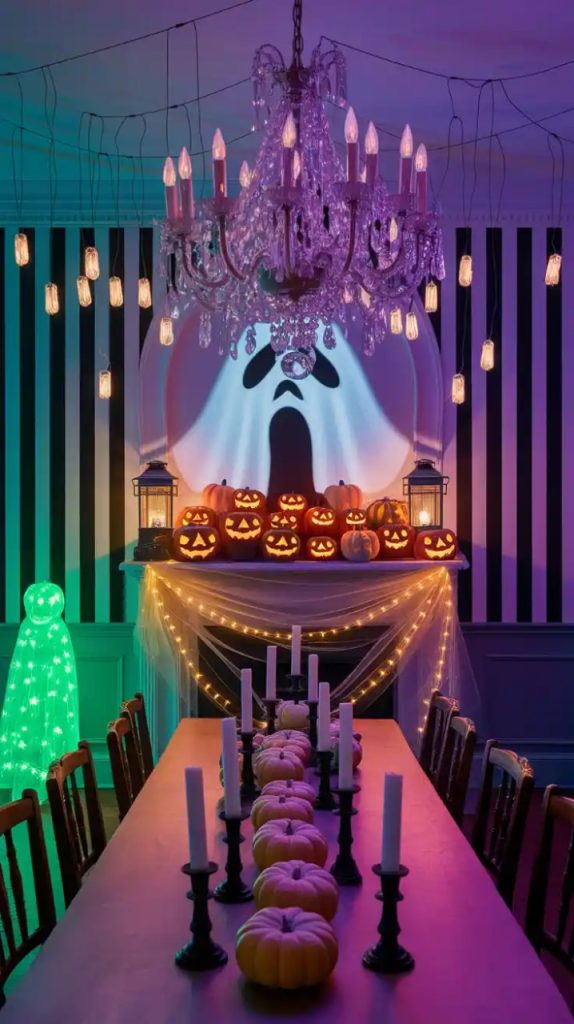 A festive fall outdoor table decorated with colorful gourds as centerpieces, surrounded by twinkle lights, plaid tablecloths, and autumn foliage under a starry evening sky.