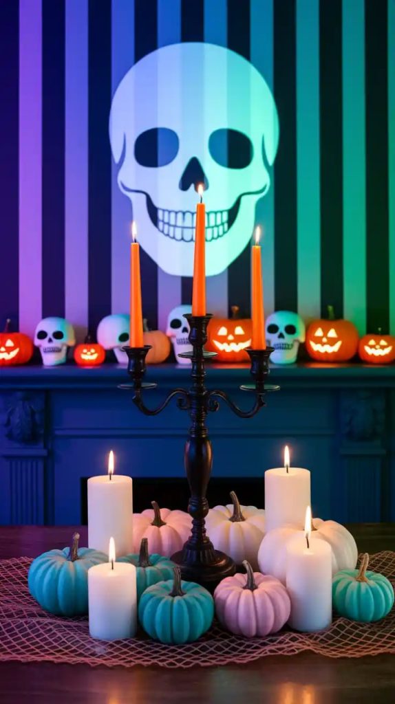A spooky Halloween mantel decor showcasing black cat figurines, orange pumpkins, flickering candles, and eerie cobwebs draped over a dark fireplace with seasonal garlands.