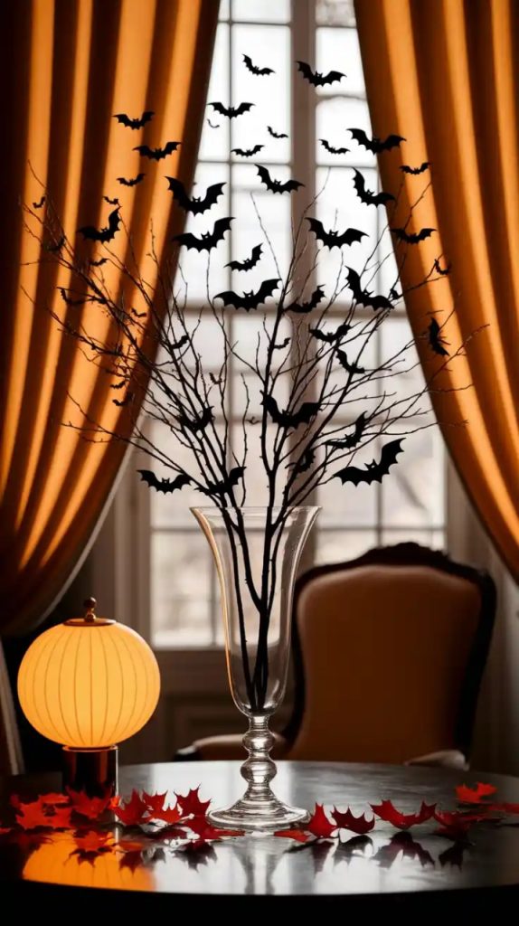 A charming autumn dining setup featuring rustic wooden tables adorned with pumpkin lanterns, scattered maple leaves, warm-toned napkins, and elegant dinnerware under soft ambient lighting.