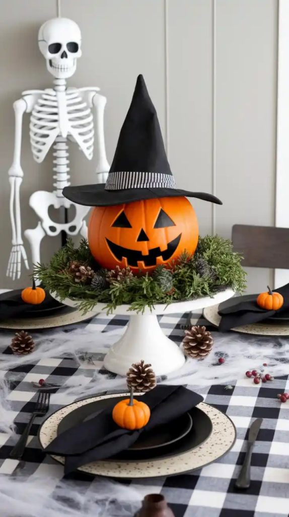 A lavish autumn dessert display showcasing multi-tiered stands with brownies, cupcakes topped with whipped cream, cookies, and pumpkins, enhanced by lush greenery and a golden candelabra with lit candles.