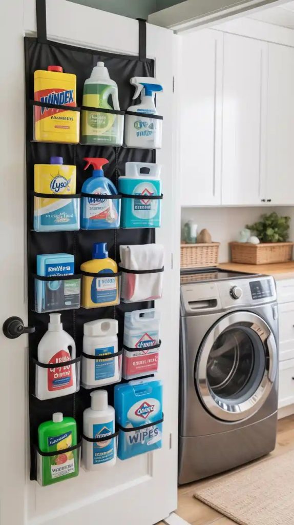 Linen closet organizer behind door with folded sheets and pillowcases