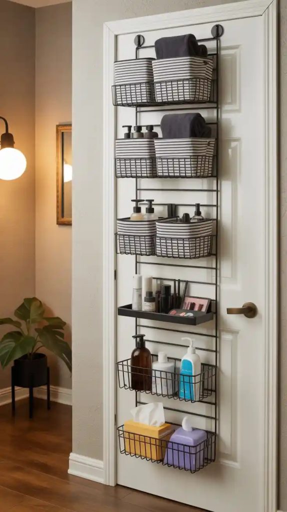 Kitchen utensil organizer mounted behind pantry door