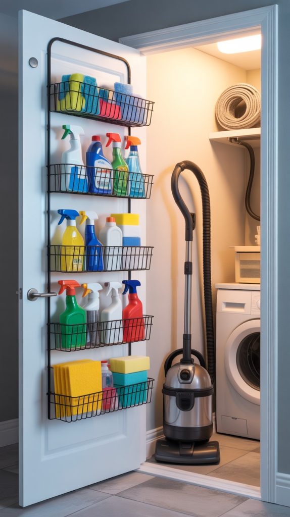 Spice rack behind pantry door with alphabetized jars