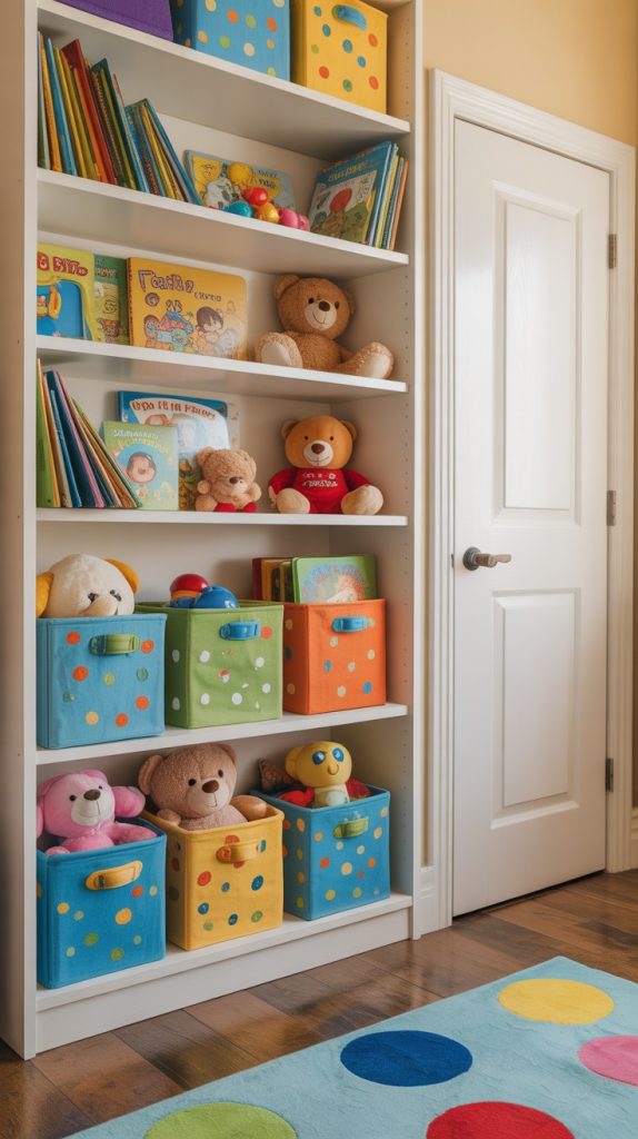 Kids’ toy organizer with colorful stuffed animals and puzzles