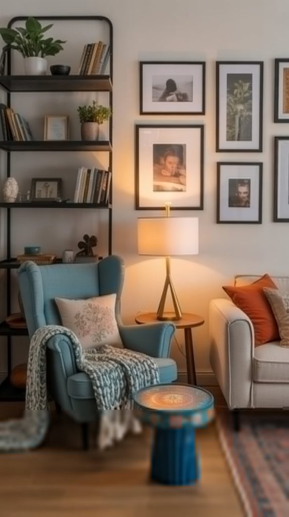 Modern gallery wall design across living room corner