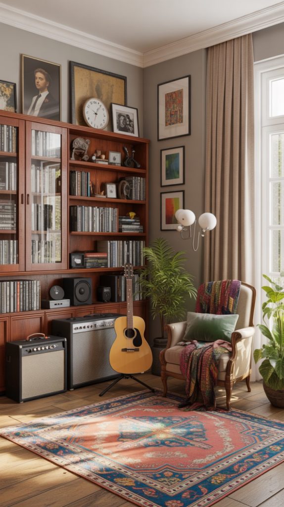 Stylish floor lamp brightening empty living room corner